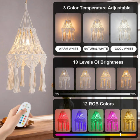 AVAMERY Boho Chic Macrame Pendant Lights with Tassels showing 3 color temperatures and remote control for brightness.