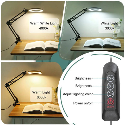10X Magnifying Glass with Light and Stand, Real Glass Lens Desk Lamp with Clamp, showing different LED color modes.