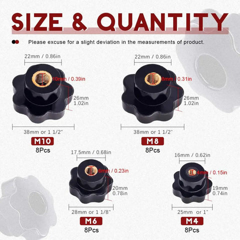 Plastic Screw On Knurled Star Knob Set For M4 M6 M8 M10 Threads Black Hand Knobs Size and Quantity Guide