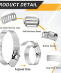 Detailed view of 12 Piece Adjustable Worm Gear Hose Clamp Set 6 7 Eighths Inch To 7 Three Quarters Inch Beefy 304 Stainless Steel features.