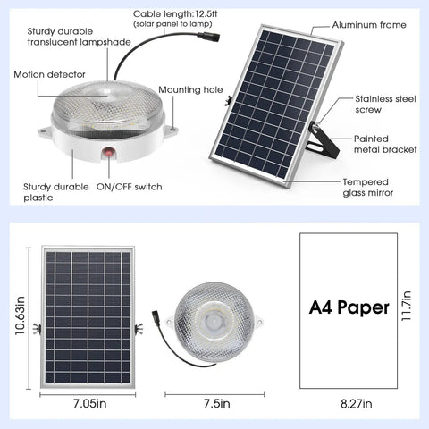 Diagram showing dimensions and components of Solar Ceiling Lights With Motion Sensor 2 Pack 5 Modes 3200K 4000K 6000K Dimmable Daytime Solar Shed Lighting On Off Switch And Remote Outdoor Indoor For Home Barn Shop Chicken Coop