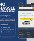 Promotional graphic for Spearhead Odor Defense cabin filter on a blue poster; no-hassle installation steps and a Your Garage app screen.