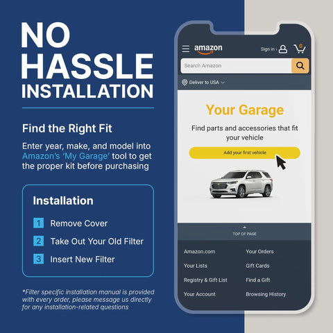 Promotional graphic for Spearhead Odor Defense cabin filter on a blue poster; no-hassle installation steps and a Your Garage app screen.