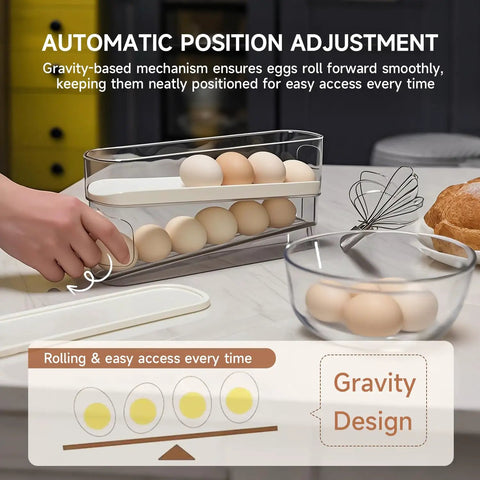 Auto Sliding Egg Organizer For Fridge 24 Egg Capacity Keeps Eggs Fresh And Organized Easy Refill White Egg Holder in kitchen setting