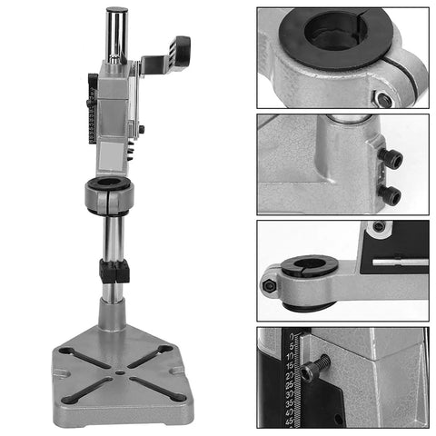 No Fuss Universal Drill Press Stand With Rock Solid Aluminum Base For Quick Workbench Clamping, adjustable height and depth.