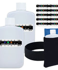 Discreet Urine Test Kit With Portable Collection Bottles Thermal Ice Bag Ten Adhesive Temp Strips And Hidden Leg Straps in a setup showing two bottles, a thermometer strip, and a neoprene holder.