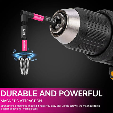 Pink 20 Piece Hex Head Allen Wrench Drill Bit Set with magnetic tips, attached to a drill, showing its durable and powerful use
