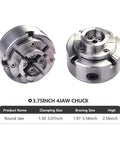 Pro Grade 3.75 Inch Wood Lathe Chuck Set With 4 Jaw Self Centering Scroll Chuck, 1 Inch 8TPI Thread, showing round jaws