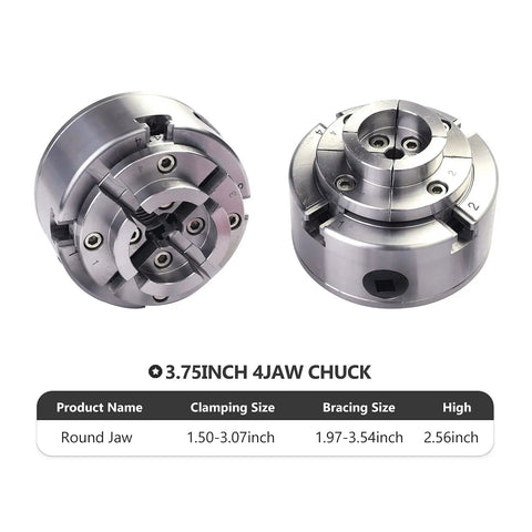 Pro Grade 3.75 Inch Wood Lathe Chuck Set With 4 Jaw Self Centering Scroll Chuck, 1 Inch 8TPI Thread, showing round jaws