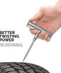 Hand holding T-handle tool from 35 Piece Universal Heavy Duty Tire Repair Kit With Plugs For Cars Trucks Motorcycles ATVs And More Fast Fix A Flat Tire Kit To Patch Punctures On Tubeless Tires Roadside Emergency Essential Durable Tools For Quick Tire Repair above tire puncture.
