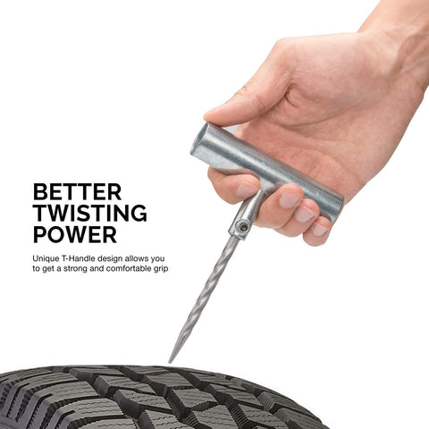 Hand holding T-handle tool from 35 Piece Universal Heavy Duty Tire Repair Kit With Plugs For Cars Trucks Motorcycles ATVs And More Fast Fix A Flat Tire Kit To Patch Punctures On Tubeless Tires Roadside Emergency Essential Durable Tools For Quick Tire Repair above tire puncture.