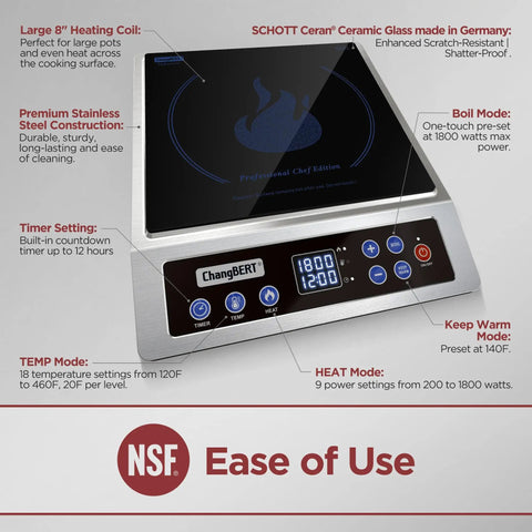 Induction Cooktop Pro Grade 1800W Commercial Burner With Premium Glass And Large Heating Coil NSF Certified Chef Edition