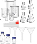 31 Piece Lab Glassware Set With Beakers Cylinders Erlenmeyer Flasks Dropper Bottles Storage Bottles Stirring Rods Droppers And Funnels For Chemistry Science Class Home Lab Use A Complete Gear Kit displayed