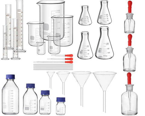 31 Piece Lab Glassware Set With Beakers Cylinders Erlenmeyer Flasks Dropper Bottles Storage Bottles Stirring Rods Droppers And Funnels For Chemistry Science Class Home Lab Use A Complete Gear Kit displayed
