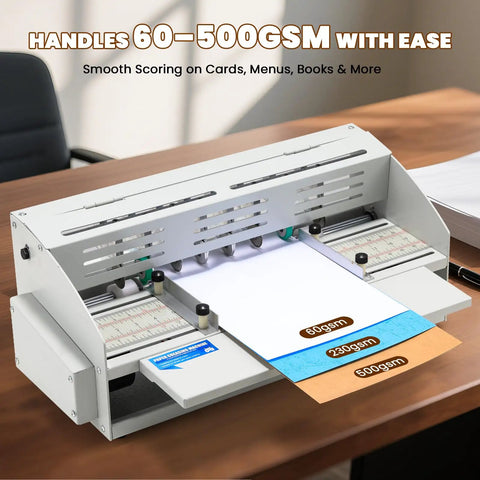 Electric Creasing Machine With Dual Creasing Perforating And Cutting Blades 25 Rpm Paper Creaser Perforator Cutter For Greeting Cards Invitations And Tickets 470mm 110V All In One Card Making Hub on desk