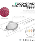 3.3 Inch Fine Mesh Strainer 304 Stainless Steel Cocktail Sieve dimensions and features highlighted with text overlay