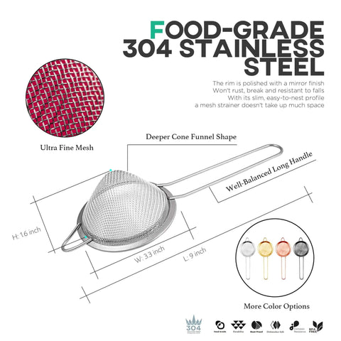 3.3 Inch Fine Mesh Strainer 304 Stainless Steel Cocktail Sieve dimensions and features highlighted with text overlay