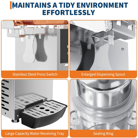 Detailed image of Heavy Duty Stainless Steel Single Tank Commercial Cold Drink Dispenser with press switch and water tray.