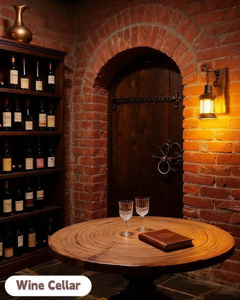 Industrial Farmhouse Wall Sconce With Rustic Wood Base And Glass Lantern Shade illuminating a cozy wine cellar corner.
