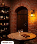 Two Pack Rustic Wood Wall Sconces Set Vintage Farmhouse Style Light Fixtures illuminating a wine cellar with solid wood table.