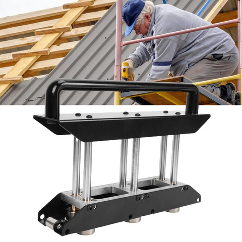 Three Station Sheet Metal Roller Bender For Durable Edge Bends From Five Eighths Inch To Four Inches Adjustable Edge Roller Roofing Tool For Pro Grade Fabrication Heavy Duty Metal Bender For Seamless Custom Bends shown with a worker using a similar tool on a rooftop