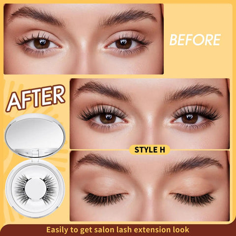 Before and after use of Magnetic Eyelashes Kit With 2 Pairs And Reusable Lash Clusters, features mirror box