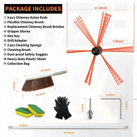 Chimney Sweep Kit 30Ft With Rotary Flexible Cleaning Brush And Nine Rods For Deep Cleaning Of Chimneys And Dryer Vents Pro Grade Chrome Button Lock Design To Prevent Slippage During Rotation And Soot Creosote Buildup Removal. package includes brush, rods, gloves, adapter