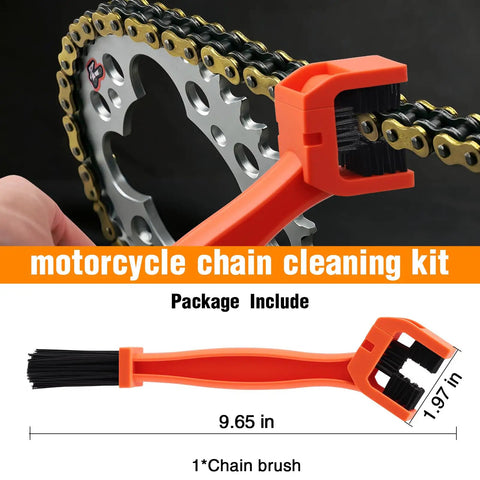 Chain Cleaning Brush For Motorcycles And ATVs with durable nylon bristles and ABS body shown with sprocket.