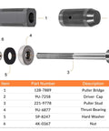 Exploded view of Pro Grade Injector Sleeve Cup Remover and Installer Kit for Caterpillar CAT Engines 3406E, showing six parts.