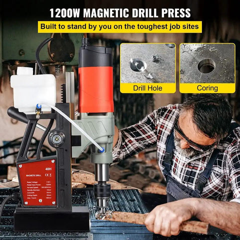 Heavy Duty Magnetic Drill Press Featuring A Heavy Hitter 1200 Watt Motor And One Point Five Seven Inch Boring Range, drilling metal.