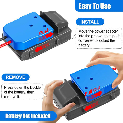 24V Max Battery Adapter With Fuse Protected 14 Gauge Wiring For Power Wheels, showing installation and removal process.