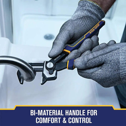 Hands using 8 Inch Adjustable Pliers For Plumbing With Tongue And Groove Jaws And Locking Mechanism on bathroom pipe