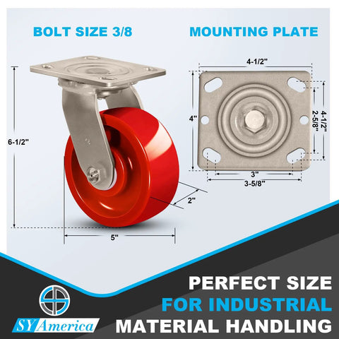 Heavy Duty 5 By 2 Inch Stainless Steel Caster With Red Solid Polyurethane Wheel And 800 Lbs Capacity Single Swivel Industrial Caster side view with dimensions
