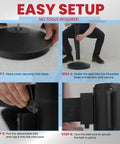 Easy setup steps for Beefy Two Pack Stanchion Belt Barriers With 11 Foot Black Belts And 40 Inch Posts Built For Indoor Or Outdoor Crowd Control Heavy Duty Concrete Base Durable Easy Setup Barrier System shown.