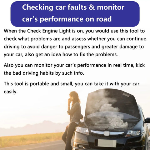 Woman standing by car with open hood on road, checking car faults and monitoring using a diagnostic tool