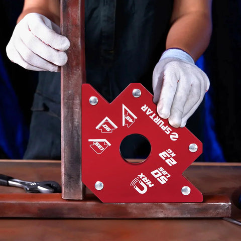 Front view of Spurtar welding magnets set: four red 50 lb clamps for 45°, 90°, 135° angles