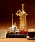 Totally Hands On Mini Steam Engine Kit With Full Boiler System, Generator And Lighting, A Realistic Metal Stationary Mill Model For DIY Engineers, Adults, And Collectors Who Love Vintage Industrial Tech. Metal steam engine kit with boiler, generator, lamp, coffee cup, and coin