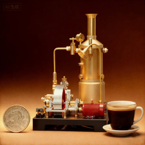Totally Hands On Mini Steam Engine Kit With Full Boiler System, Generator And Lighting, A Realistic Metal Stationary Mill Model For DIY Engineers, Adults, And Collectors Who Love Vintage Industrial Tech. Metal steam engine kit with boiler, generator, lamp, coffee cup, and coin