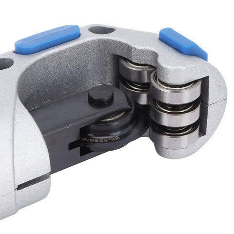 Close-up of Tube Cutter Tool With Roller Bearing, Aluminum Alloy Body, Knob Adjustment for Precise Clean Cuts, cutting mechanism