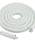 Coiled white fiberglass furnace door seal rope, 10 ft, with 2 oz silicone adhesive.
