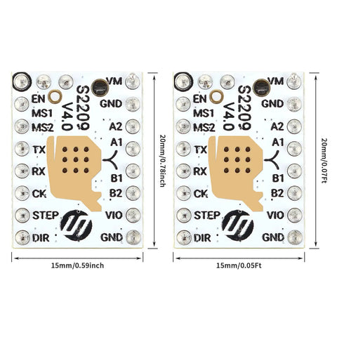Two Whisper Quiet TMC2209 V4.0 stepper drivers with dimensions for 3D printer motion control upgrade