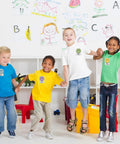 Children wearing Smiley Name Tags Pack 120 Pcs Boho Pastel Smile Face Nameplates, posing in colorful classroom setting.