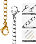 Close-up of Stainless Steel Necklace Extenders Set In Gold And Silver Finishes, 10 Pieces, Five Length Options From Two Inch To Three Inch With Lobster Clasps