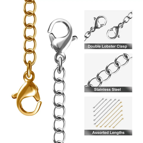 Close-up of Stainless Steel Necklace Extenders Set In Gold And Silver Finishes, 10 Pieces, Five Length Options From Two Inch To Three Inch With Lobster Clasps