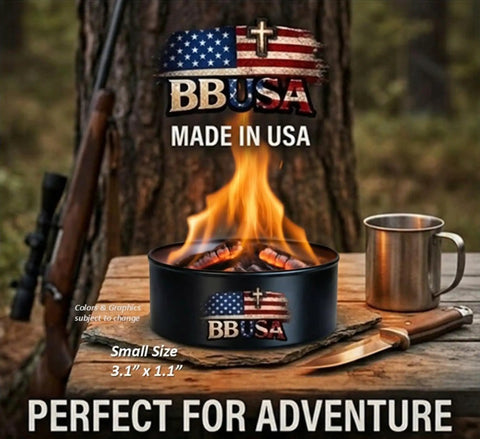 Pocket Sized Bonfire In A Can Portable Campfire For Camping Picnics And Emergencies Reusable With Up To Two Hours Burn Time A Small 2 Pack Perfect For Smores Bushcraft Survival Gear displayed on a table with woods background.