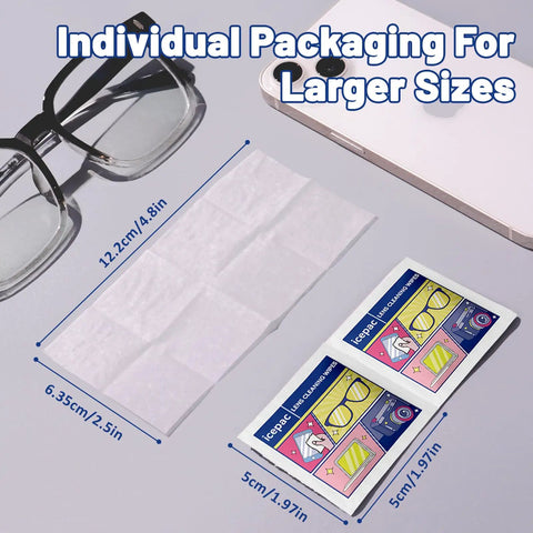 300 Count Lens Wipes For Eyeglasses And Sunglasses Premoistened Individually Wrapped next to eyeglasses and phone on a table