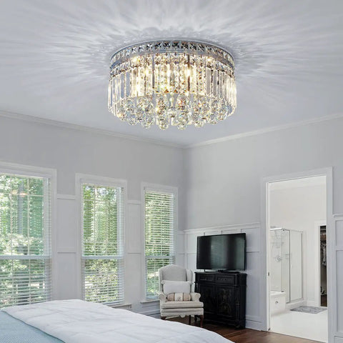 8 Light Crystal Chandelier With K9 Crystals Modern Flush Mount Ceiling Light Fixture For Bedroom Dining Living Room LED Compatible G9 Bulbs Not Included in bedroom setup