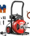 Beat Stubborn Clogs Dead To Rights With This 100ft Auto Feed Sewer Snake Machine And Drain Cleaner with attachments and gloves.