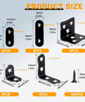 Product sizes and dimensions of 24 Pack Stainless Steel L Brackets Heavy Duty Corner Braces For Wood Furniture And Shelves With Screws Black Metal Angles In Five Sizes 0.79, 1.2, 1.4, 1.57 And 1.97 Inches shown with screws