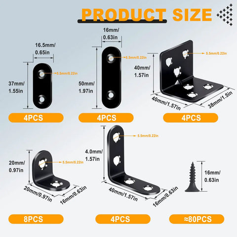 Product sizes and dimensions of 24 Pack Stainless Steel L Brackets Heavy Duty Corner Braces For Wood Furniture And Shelves With Screws Black Metal Angles In Five Sizes 0.79, 1.2, 1.4, 1.57 And 1.97 Inches shown with screws